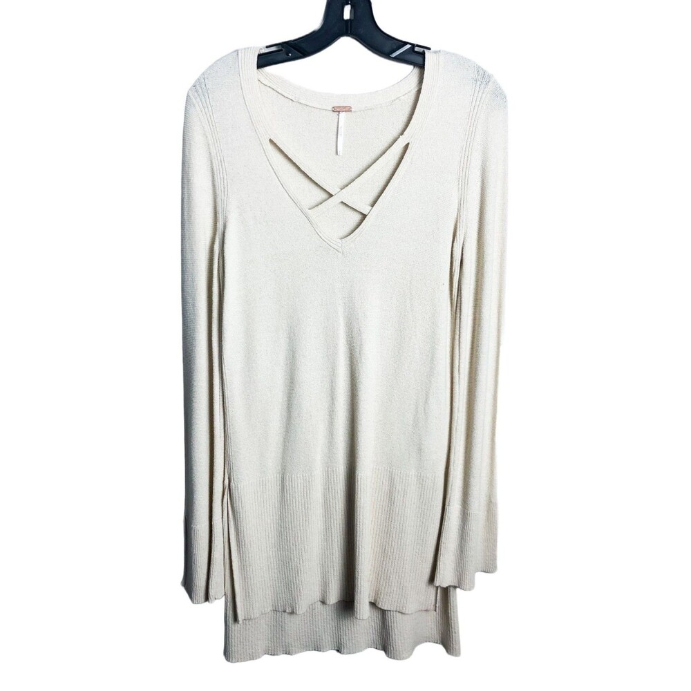 Free People Linen Blend Tunic Lightweight Criss Cross V Neck Sweater Cream M